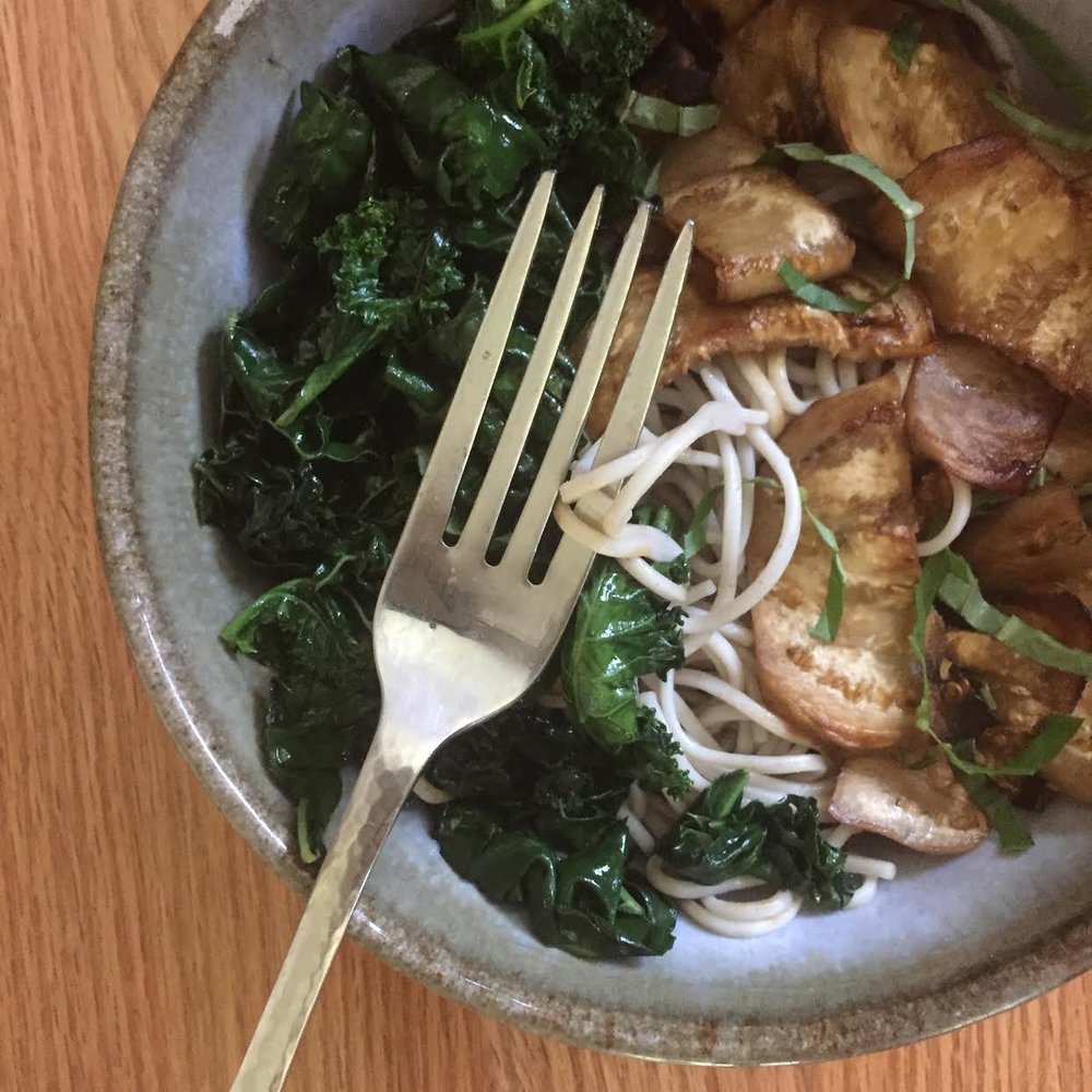 Pan-Fried Eggplant, Kale, and Soba Noodles