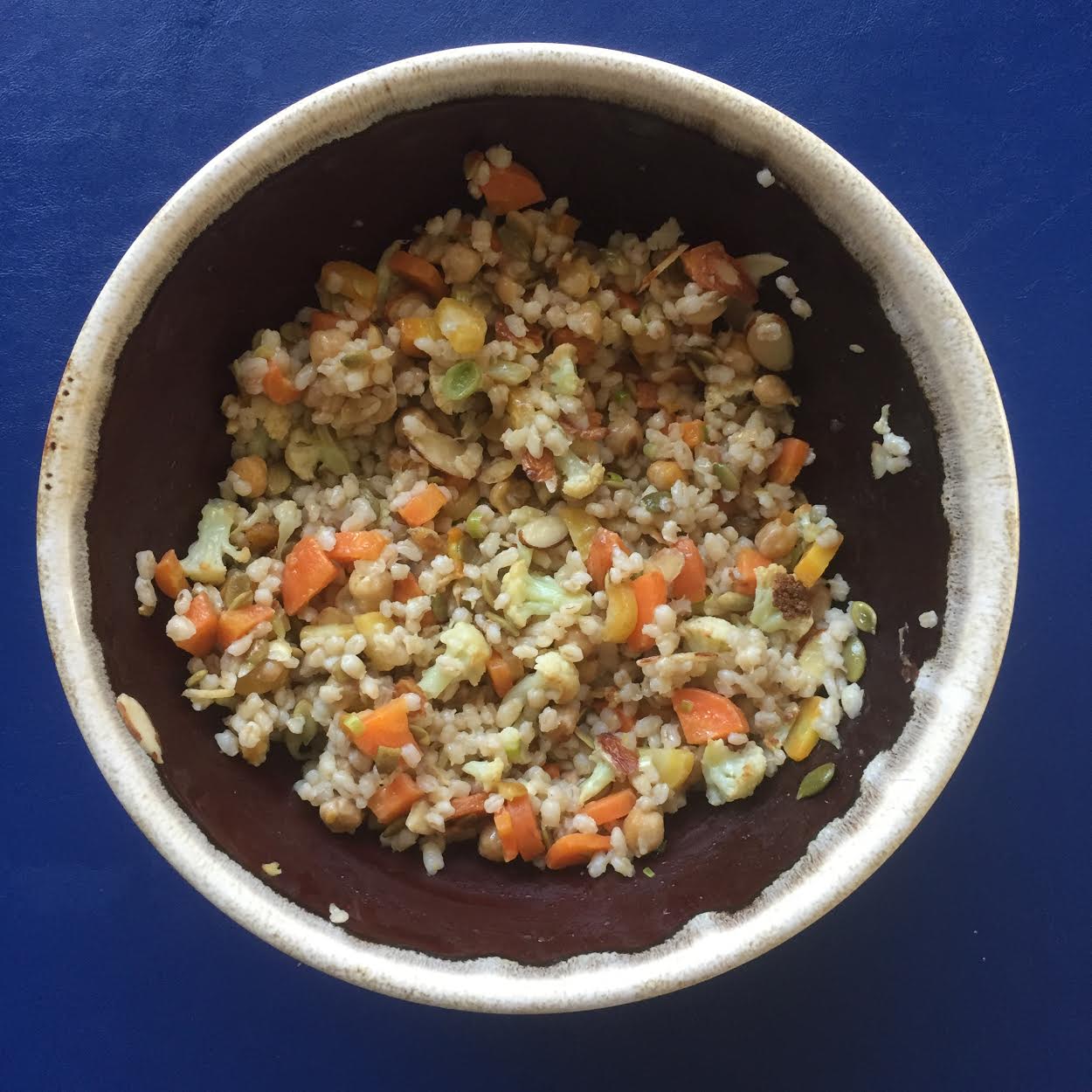 Roasted Carrots, Cauliflower, and Chickpeas with Barley and a Lemon, Garlic Dressing
