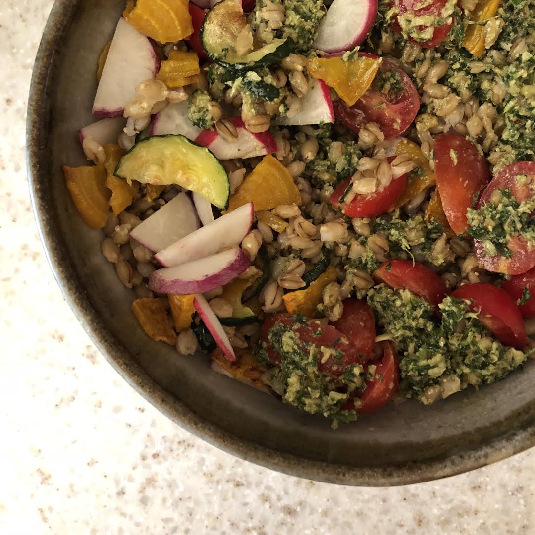 Carrot Top Pesto over Barley with Veggies