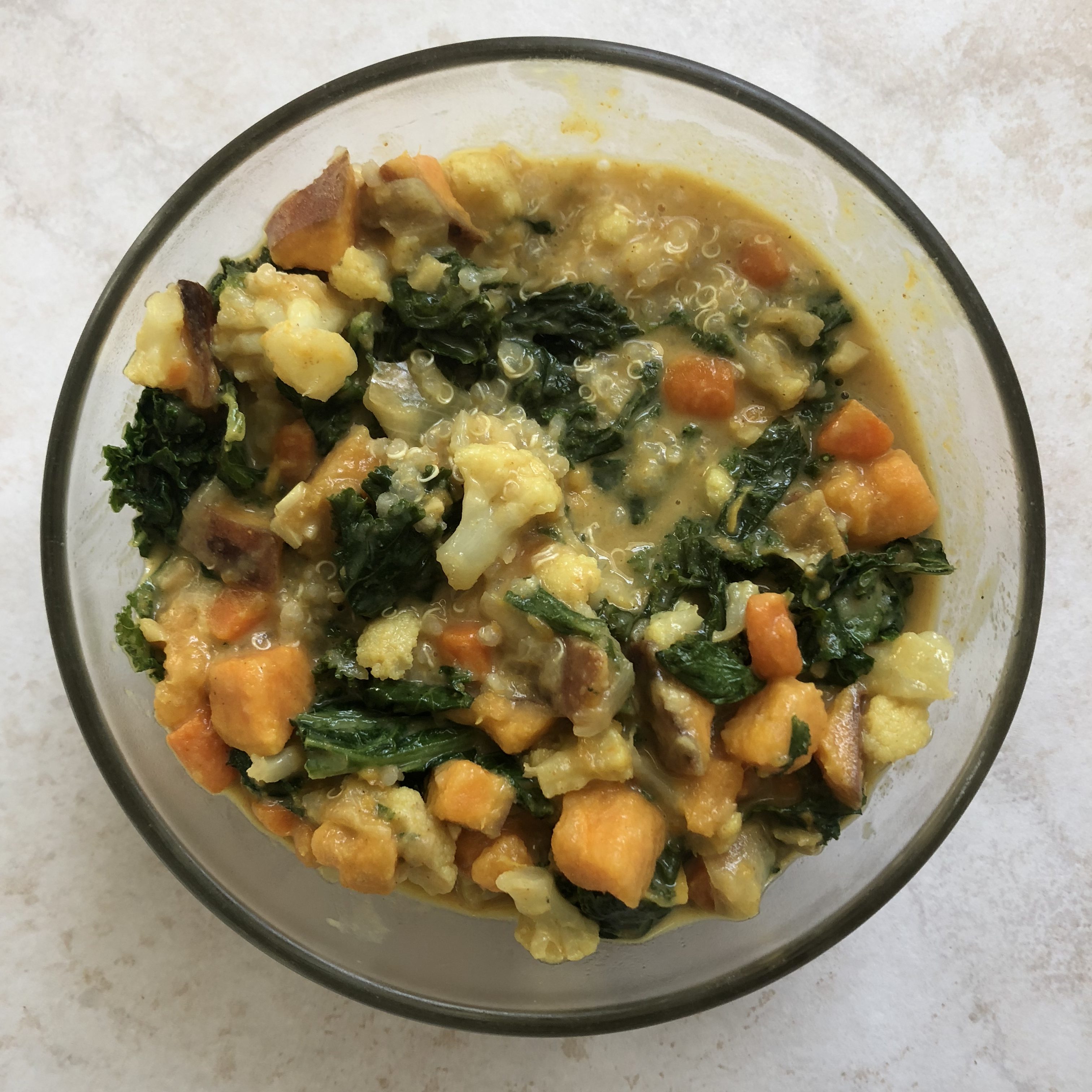 Sweet Potato Cauliflower Coconut Curry with Mustard Greens
