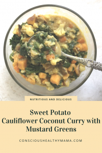 You must try this amazing recipe!  Sweet Potato Cauliflower Coconut Curry with Mustard Greens!  It is hardy and healthy (and perfect for the holidays).  #vegan #veganfood #veganrecipes