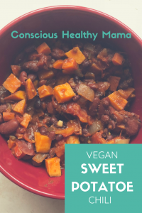 Enjoy this delicious dish of Sweet Potato Chili!  It is a #vegan dish and will be sure to please the whole family.  #veganmom #veganrecipe
