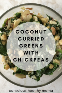 This is a must try dish!  Enjoy this delicious and nutritious Coconut Curried Greens with Chickpeas that will leave you feeling refreshed and healthy.  #veganmom #veganrecipe #veganfood